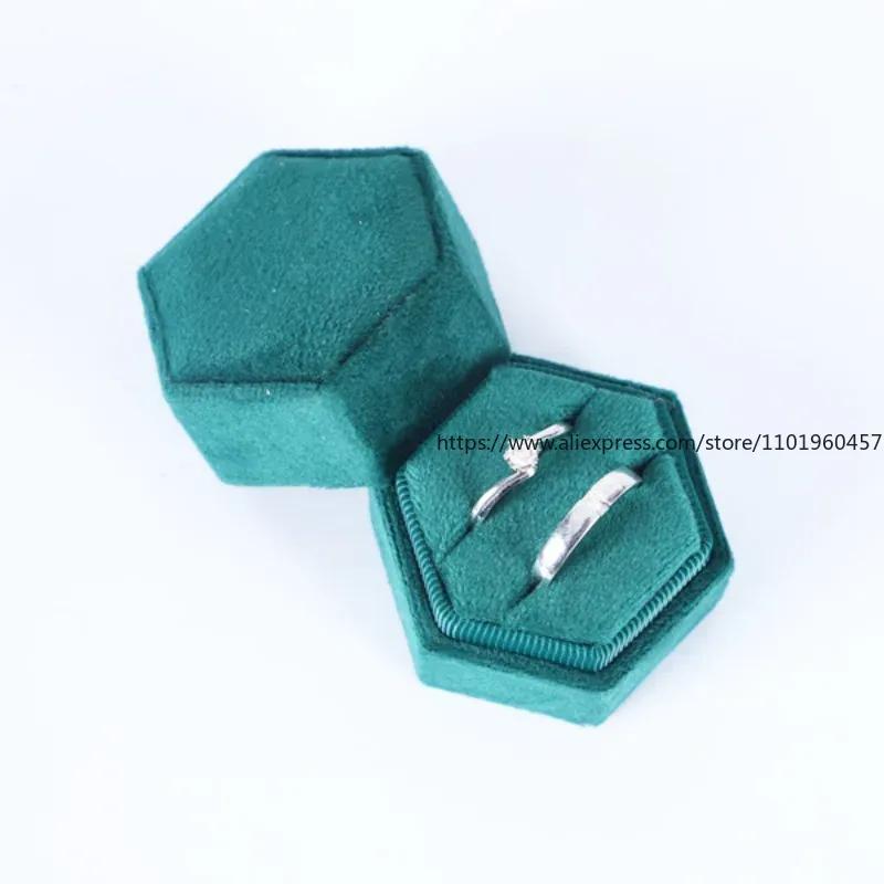 Sage Sechseck Samt Ringbox Einzel- & Doppelschlitz für Abschluss Verlobungsring, Braut Foto Detail Requisiten, Erinnerungsstück, Monogramm