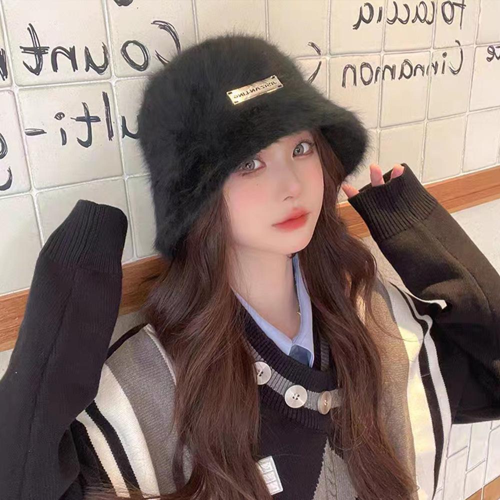 Rabbit fur hat women's winter versatile bucket hat shows a small washbasin hat thickened plush warm knitted cold hat