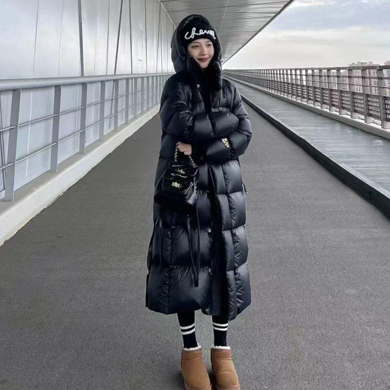 Giacca Lunga Calda in Cotone Piumino Nero Oro, Inverno Versione Coreana Nuova Giacca in Cotone Larga e Spessa Sopra il Ginocchio