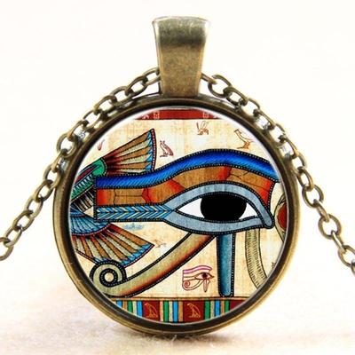 Vintage Egyptian  Glass Bronze Pendant Necklace
