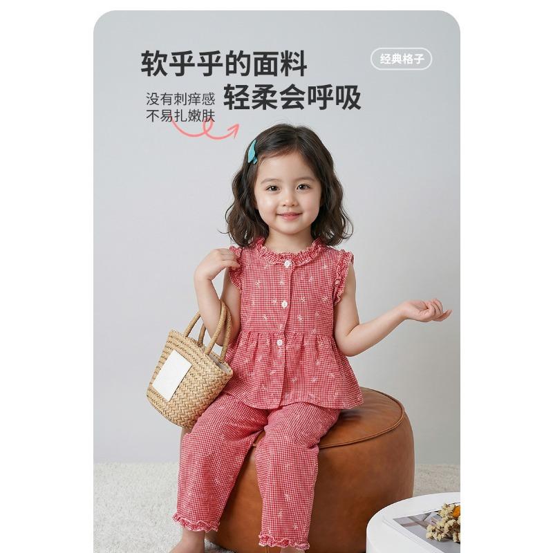 Sweet Little Girls Plaid Lace Vest Long Pants Two Piece Clothing Set