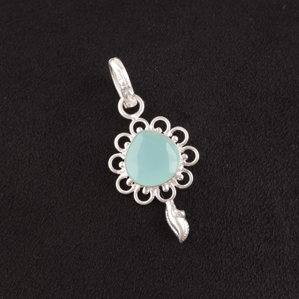 Throat Chakra Aqua Chalcedony Stone 925 Sterling Silver Ethnic Wedding Pendant PP-4-15