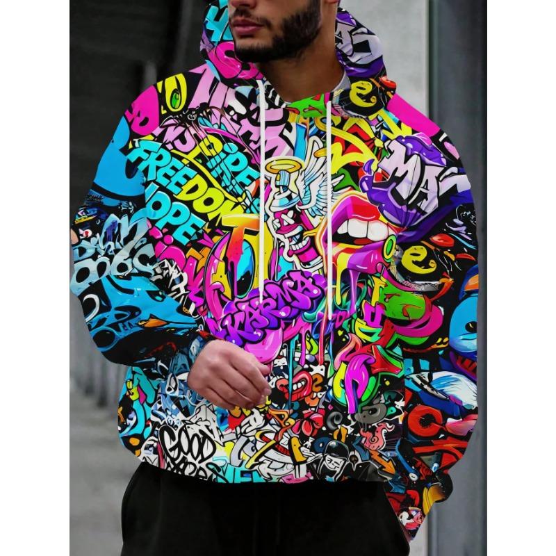 Autumn Winter Graffiti Paint Splash Hoodie Men Hip Hop Streetwear Colorful Full Print Front Back Pullover Hooded Sweatshirt