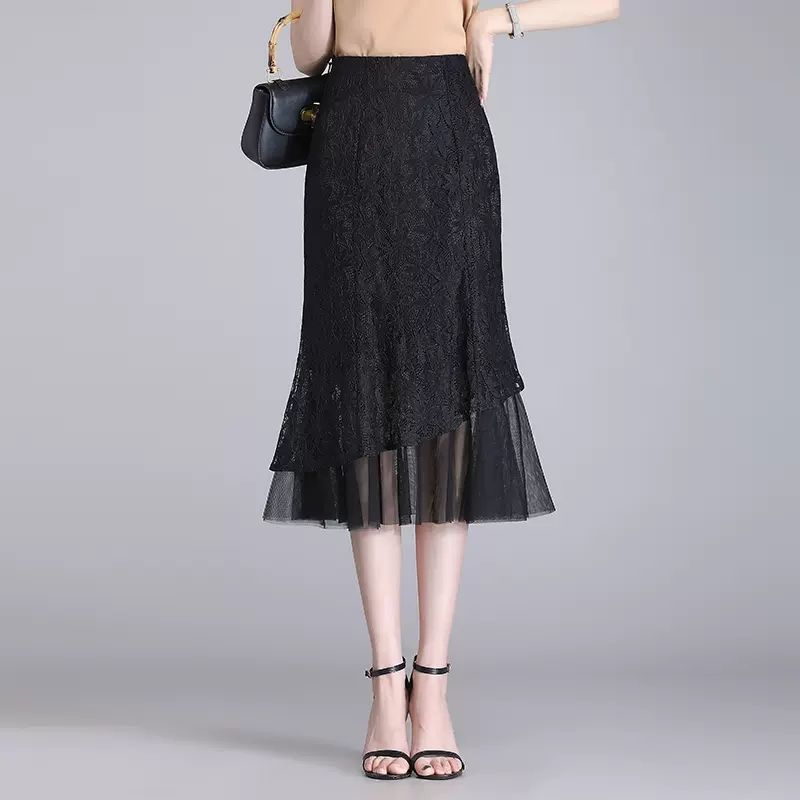

Юбка из кружева Юбка из сетки Нестандартная юбка-рыбий хвост Женская весенне-летняя юбка с высокой талией, облегающая бедра 3XL чёрный