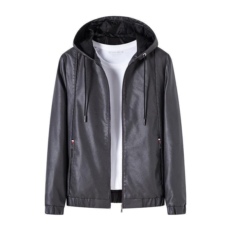 Fleece Men's Leather Jacket Leather Jacket Hooded Slim Fit Korean Version Locomotive Casual Jacket