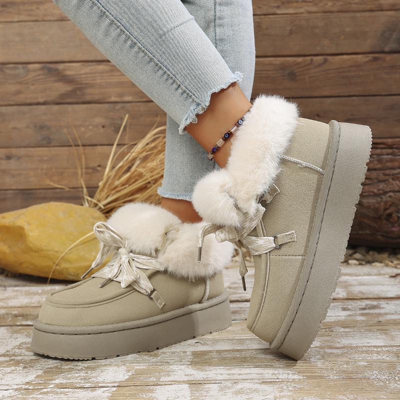 Winter New Lace-up Thick-soled Wool Wool Cotton Shoes 2025 Plus Size Muffin Fleece Warm Snow Boots for Women