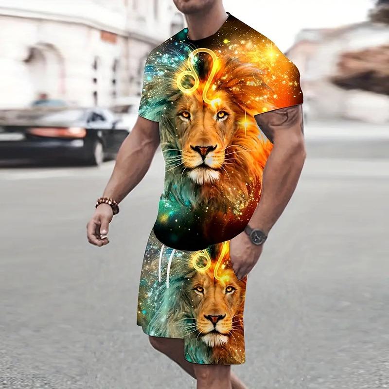 Fashion Men's Sportswear Suit Printed Tiger Pattern Oversized Men's Top Y2K Style Breathable Fresh Short Sleeve Shorts Suit