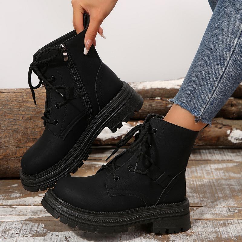 Europäischer, amerikanischer britischer Stil dicke Sohle Schnürung Martin Stiefel Damen erhöhte große Größe kurze Lederstiefel