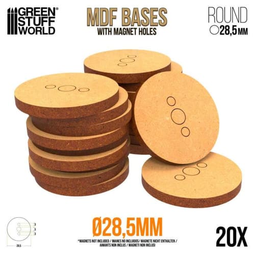 Green Stuff World Round Base Set, 28.5mm Diameter, MDF, 20-Piece Set, GSWD-11380