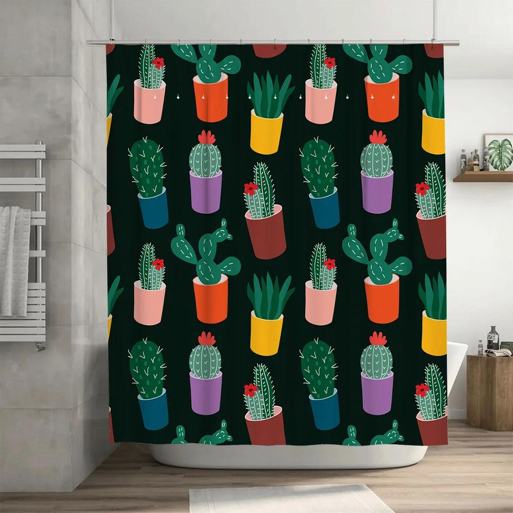 Colorful Cactus Bathroom Shower Curtain Decor Plant Pattern Print Waterproof Fabric for Home Decoration in Bathtub Red, Green, Y
