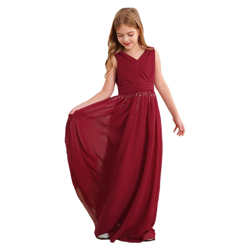 Glänzendes gerafftes verwobenes Chiffon-Kleid für Mädchen V-Ausschnitt ärmelloses Design Blumenmädchen langes Kleid Hochzeitsfeier Kleid