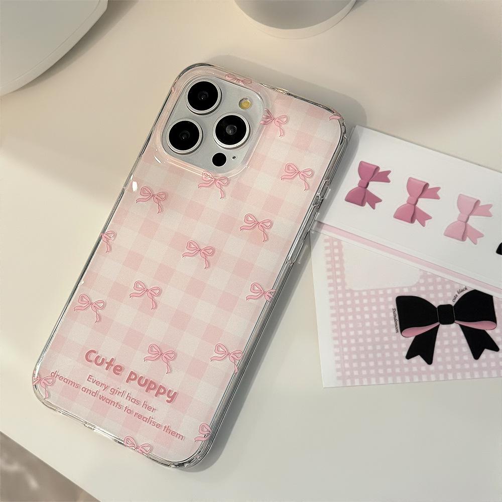 Double Layer Pink Plaid Mobile Phone Case Suitable for 14 Apple 15 Promax Bow Iphone13 Niche 11 Soft 16