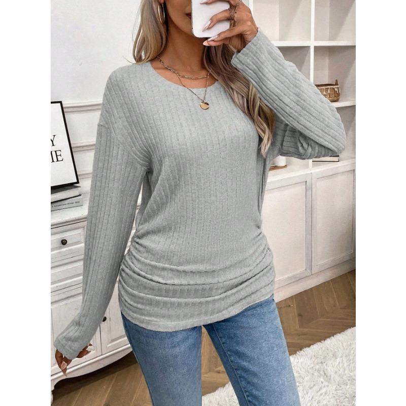 Women's Fashion Casual Spring Fall Solid Color Print Long Sleeve O-Neck Blouses & Shirts