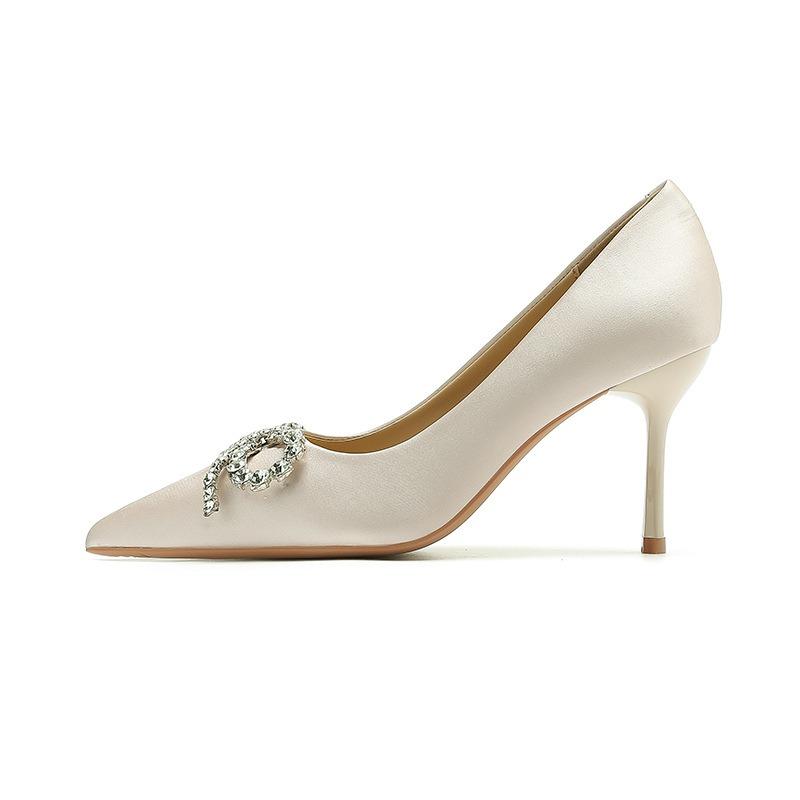1-Sexy suede bow rhinestone single shoes women's winter new pointed stiletto high heels