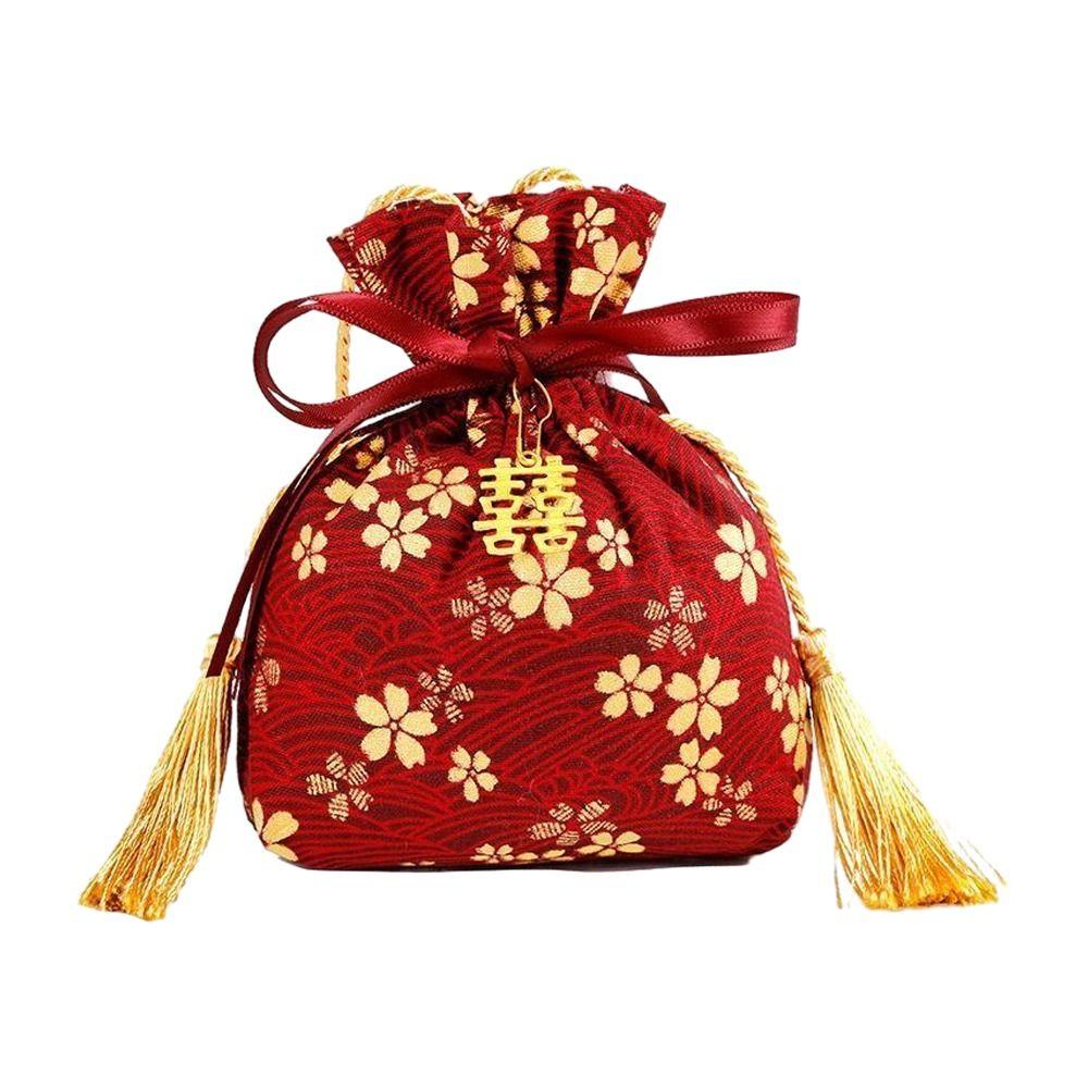 

Stripe Ribbon Bow Wrist Bag Sakura Bowknot Floral Tassel Handbag Wedding Candy Bag Female/Girls A