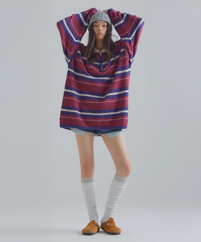 Peulaentigseobiseu Striped Half Zip Knit - Burgundy