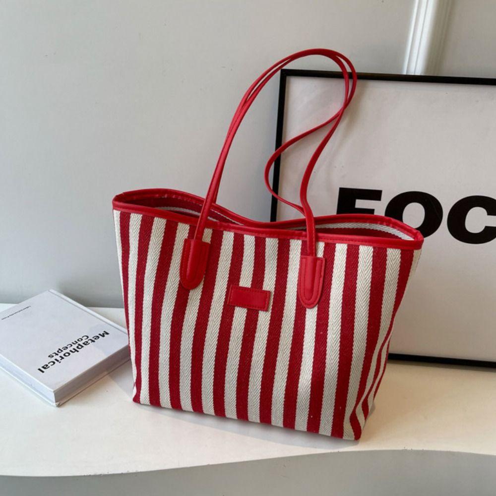 Korean Style Shoulder Bag Zipper Shopping Handbag Simple Stripe Canvas Tote Bag  Women