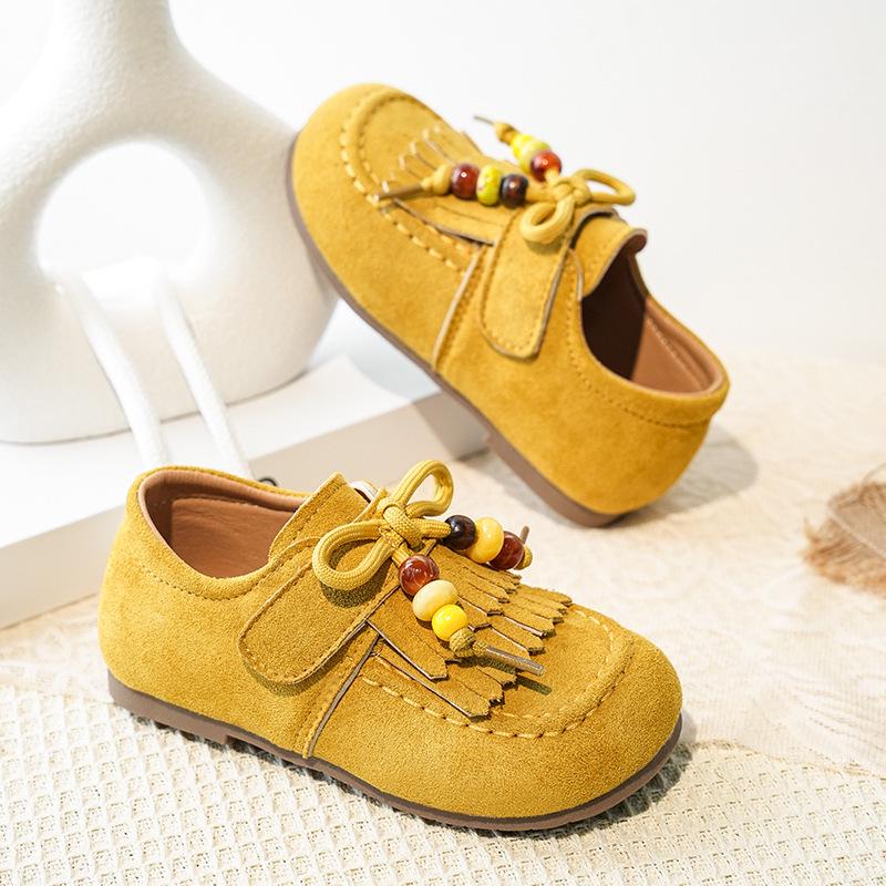 2026 Stilvolle Lederquasten-Prinzessinnenschuhe für kleine Mädchen - Frühling/Herbst Weiche Sohle Bohnenschuhe