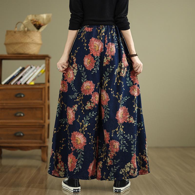 Jeans Fashion Flower Floral Print Woman Pants Elastic High Waist Autumn Pant Women Wide Leg Loose Pleated Ladies Trousers