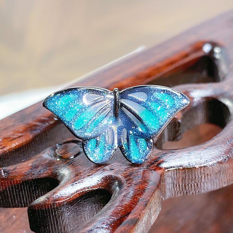 Sweet Cool Gun Black Enamel Dripping Oil Breaking Cocoon Butterfly Dark Opening Ring Design Sense Niche Stacked Ring Woman