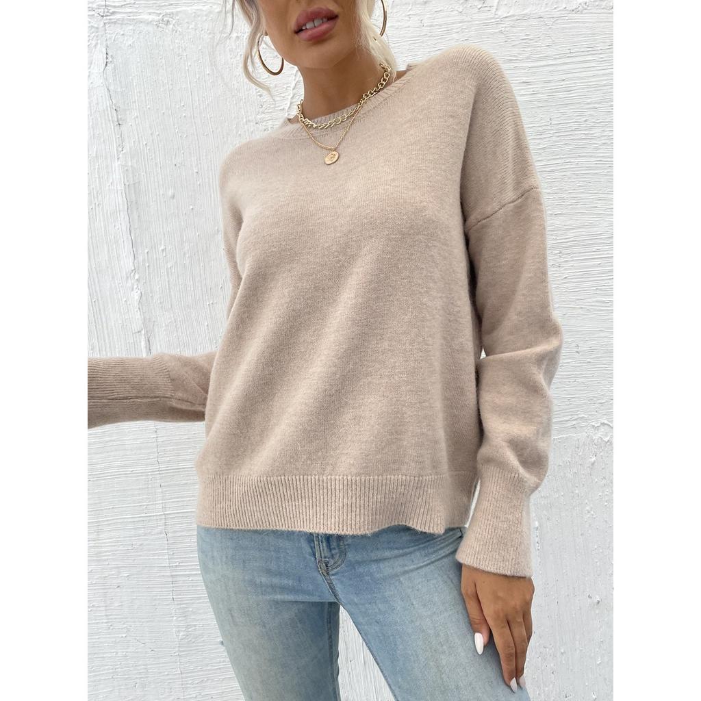 Einfarbiger Rundhals-Pullover für Damen | Weiches Strickoberteil | Lässige lockere Passform
