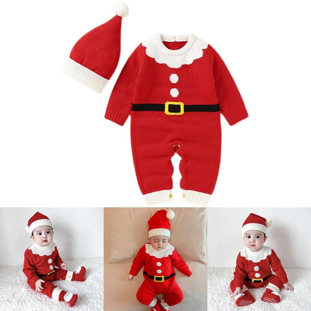 Adorable Christmas Baby Knitted Romper Jumpsuit Outfit W/ Santa Claus Sweater Hat
