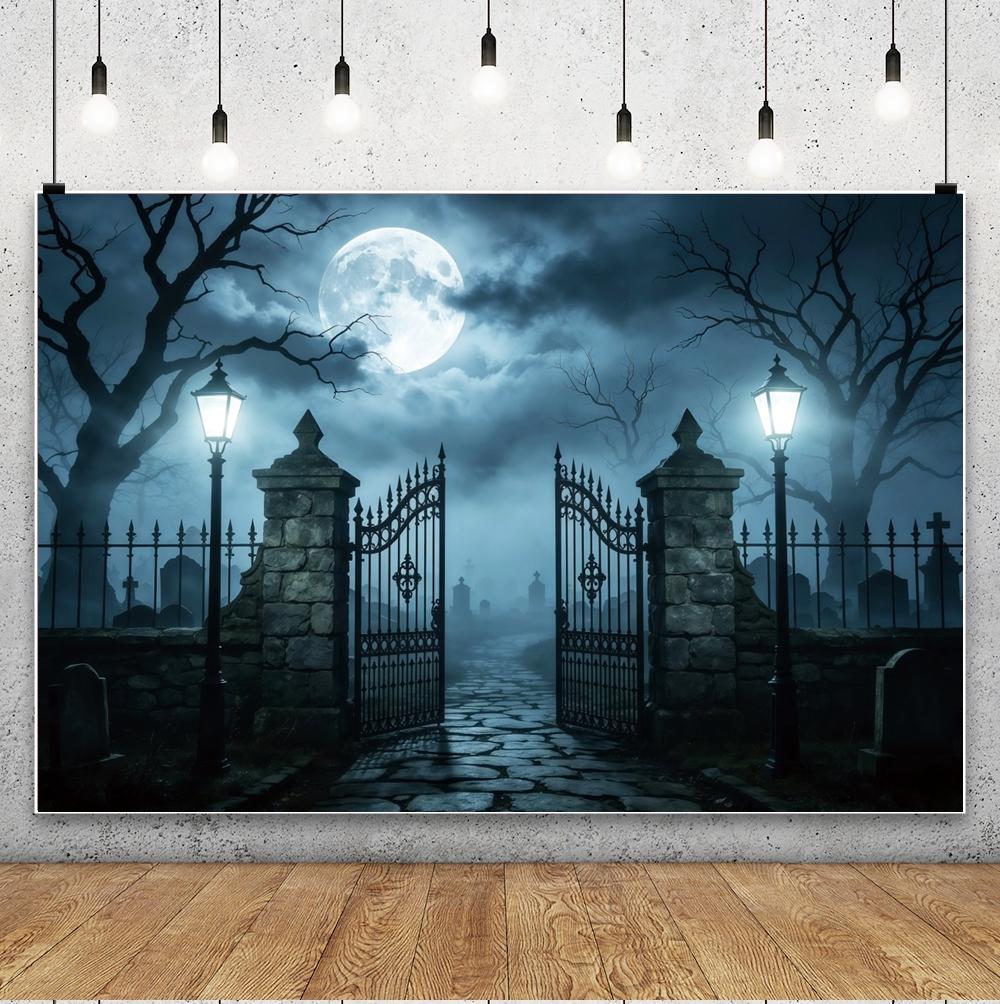 Happy Halloween Skeletons Photography Backdrop Spooky Forest Moonlit Pumpkin Lantern Party Decor Photo Studio Props Background