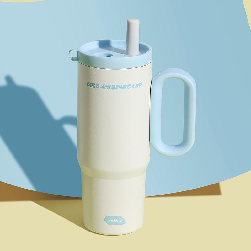 720ML Edelstahl Thermosbecher mit Strohhalm & Griff Eiskaffee Getränk Vakuumisolierter Becher Auto Reise Outdoor Wasserflasche