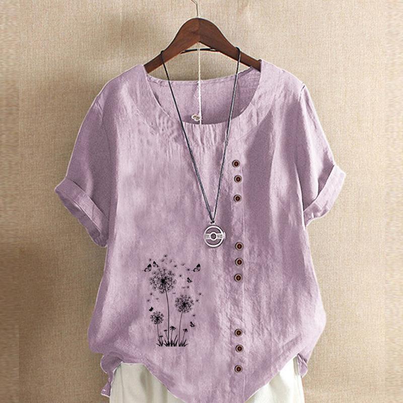 Women's Fashion Loose Cotton Shirt Black Dandelion Prined Short Sleeve T-shirt Casual Loose Summer Plus Size Blouse Tops