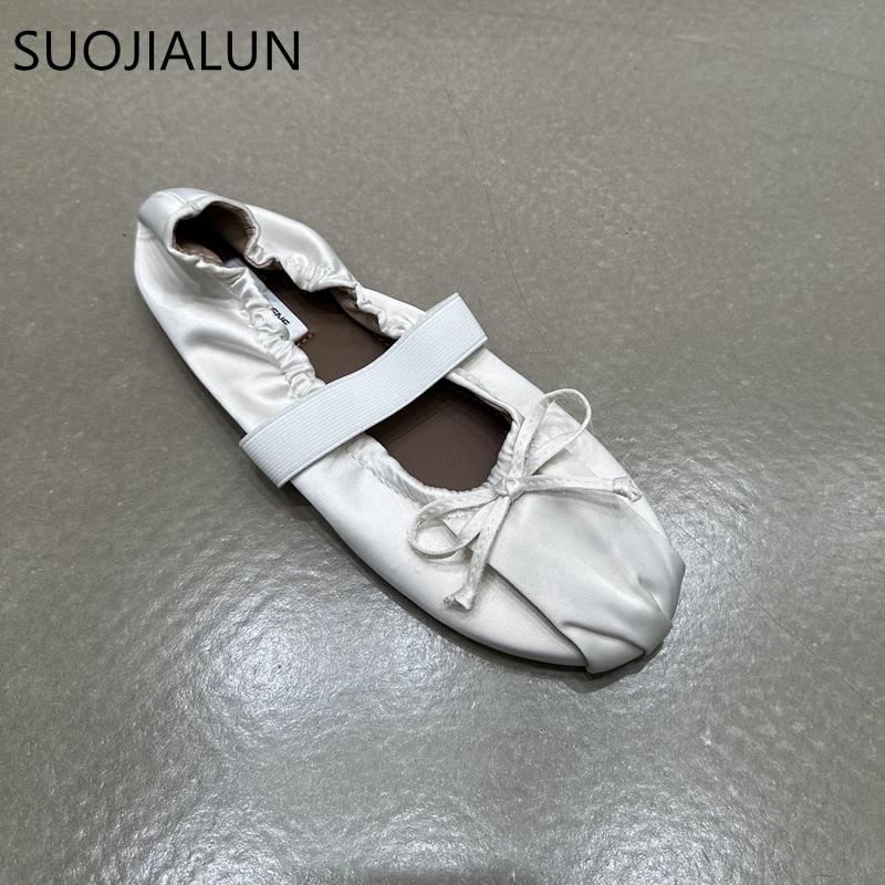 Moda SUOJIALUN 2024 Jesień Damskie Płaskie Buty Panie Eleganckie Plisowane Panie Eleganckie Płytkie Wsuwane Baleriny Buty Miękkie Płaskie Sukienka Bo