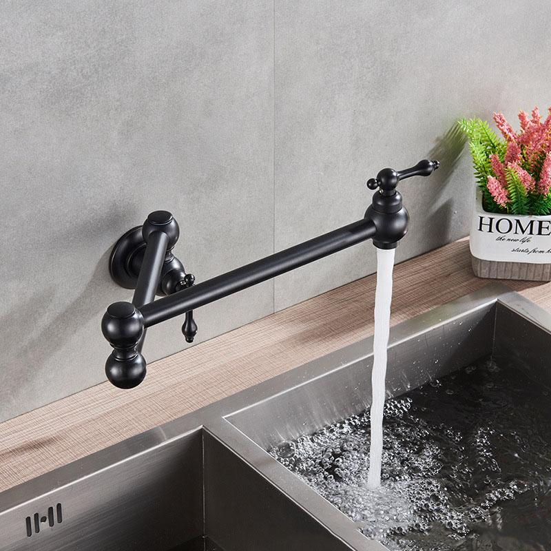Mitigeur de cuisine mural en laiton noir à eau froide unique, rotatif à 360 degrés, robinet pliable, évier de buanderie de balcon, robinet étendu