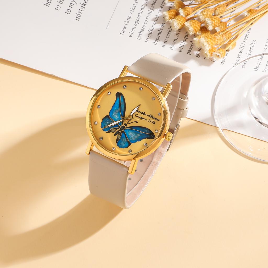 2-piece set of college style Korean style fashionable and versatile blue butterfly belt watch with bracelet without gift box