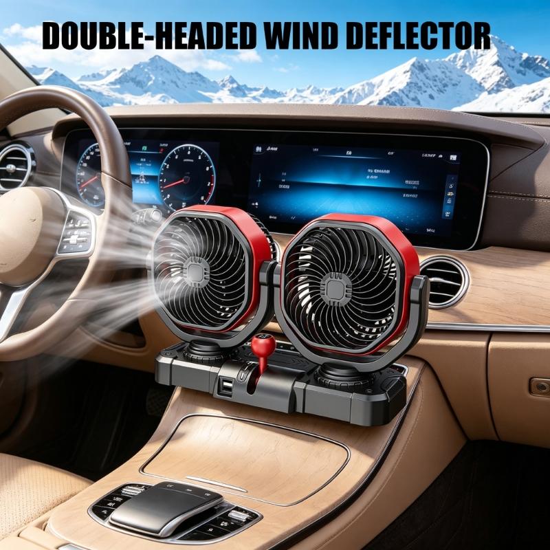 Double Head Car Fan 12V 24V Lighter Cooling Fan Double USB Output Oscillating Airflows for Truck RVs Dashboard Use