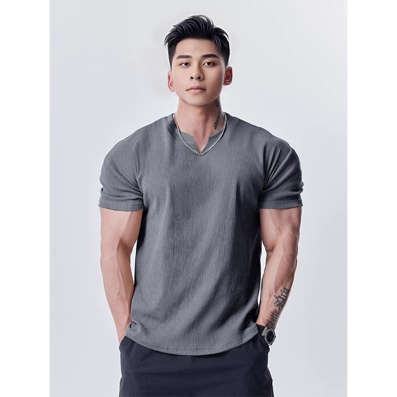 Men Solid V Neck T Shirt Short Sleeve Stretch Casual Workout Top For Daily And Gym Wear