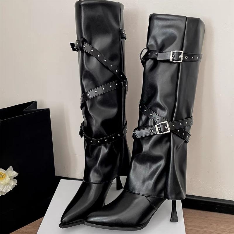 Night Club High Heel Women Mordern Long Boots Ladies Belt Buckle Botas Mujes Street Style Party Stripper Female Shoes