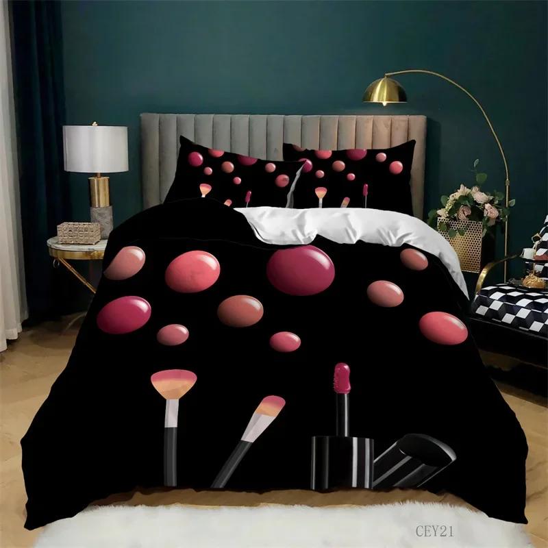 Fashion Bedding Set Makeup Cosmetic Theme Duvet Cover Polyester Perfume Lipstick Nail Polish Brush Print Quilt Cover King Size