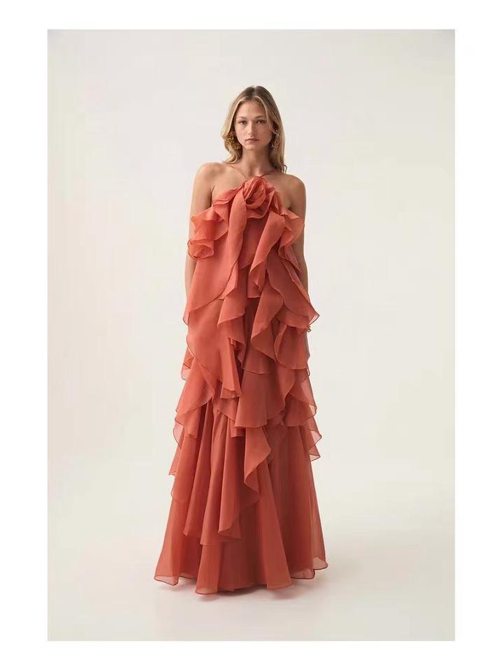 2025 Trendy Women's Off-the-Shoulder Backless Sleeveless Halter Neck Dress with Ruffled Fluffy Skirt