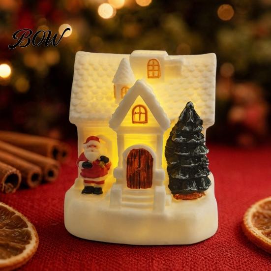 Snowy Cottage Figurine LED Lighted Christmas Village House Statue, Light Up Small Figurines with Santa Claus Relief Statue Xmas Tree Claus,