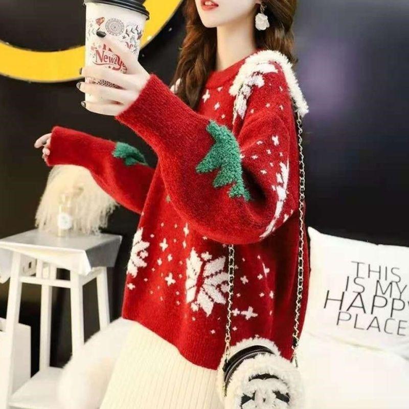 2026 Retro Japanese-Style Plus Size Red Christmas Sweater for Women