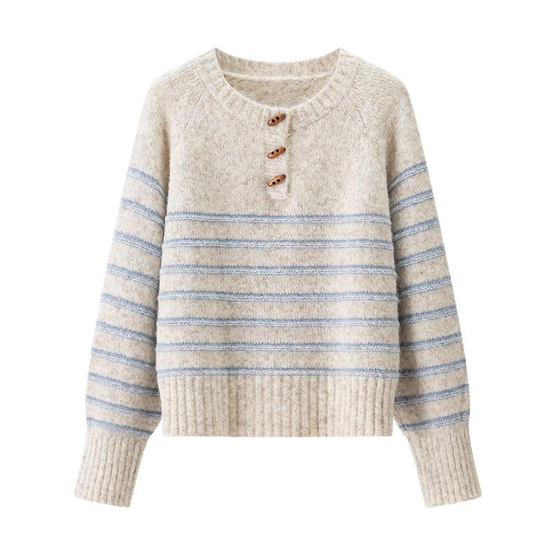 Herbst- und Winterlockere Künstlerische Retro-Gestreifte Strickpullover mit einem Designgefühl von Kuhhorn-Schnalle Pullover Damenpullover