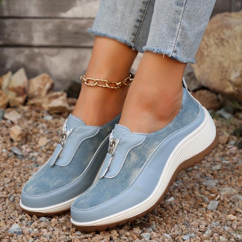 Spring and autumn new large size flat-soled single shoes platform-soled wedge heel casual shoes women's front zipper sneakers women's