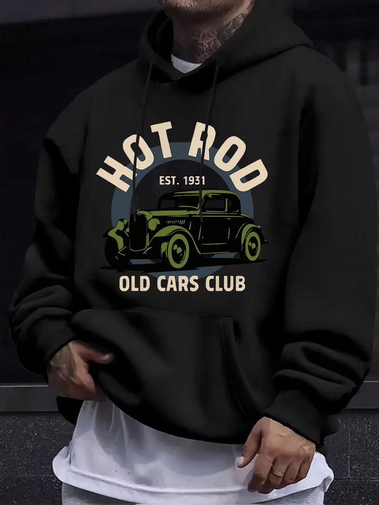 American/European Style unisex Autumn/Winter Printed Hoodie Long-Sleeve Sweatshirt, HOT ROD Vintage Classic Car Print Hooded Sweatshirt, Motorcycle an