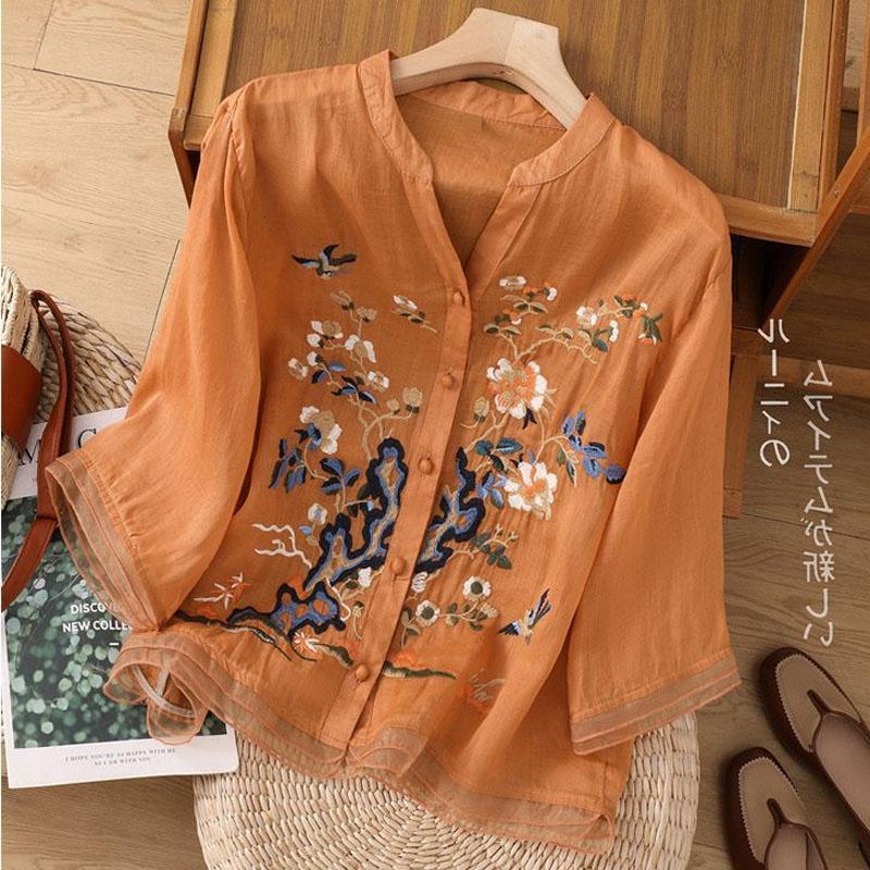 

Хлопковые и льняные топы высокого класса Женские Летние Новые Вышитые Кардиган Рубашка Новый Китайский Стиль Лоскутная Сумка Пряжка Рубашка XXXL оранжевый