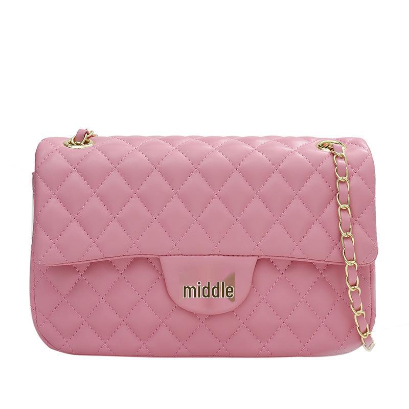 

2024 Осень/Зима Модная женская текстурированная сумка кроссбоди на плечо с ромбовидной цепочкой, маленькая квадратная сумка розовый