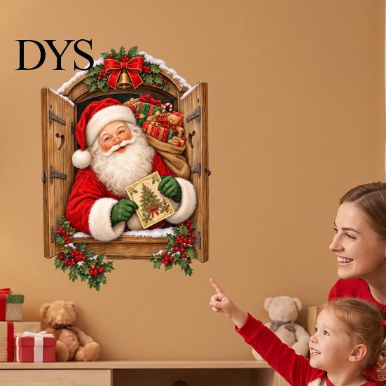 Self Adhesive Glass Stickers 3D Santa Claus Christmas Wall Sticker, Vintage Through Wooden Window Decal, Seasonal Home Decorations Removable Peel And