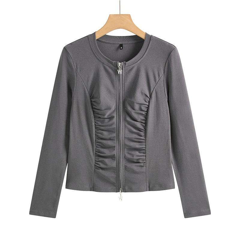 Women's Spring and Autumn Round Neck T-shirt Zipper Cardigan Fashionable and Versatile Pleated High-end Temperament Long-sleeved Top