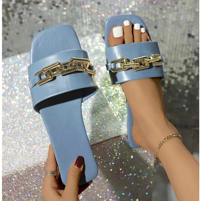 New Fashion Women's Slippers Square Toe Chain Slippers Sandals Sets Flat Shoes and Bag Set Matching Handbag for Women Luxury