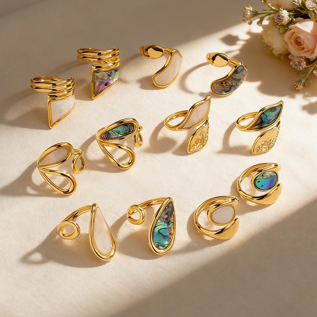 Stainless Steel Vintage Irregular Geometric Rings for Women Statement Retro Inlaid Shell Adjustable Open Ring Daily Jewelry Gift