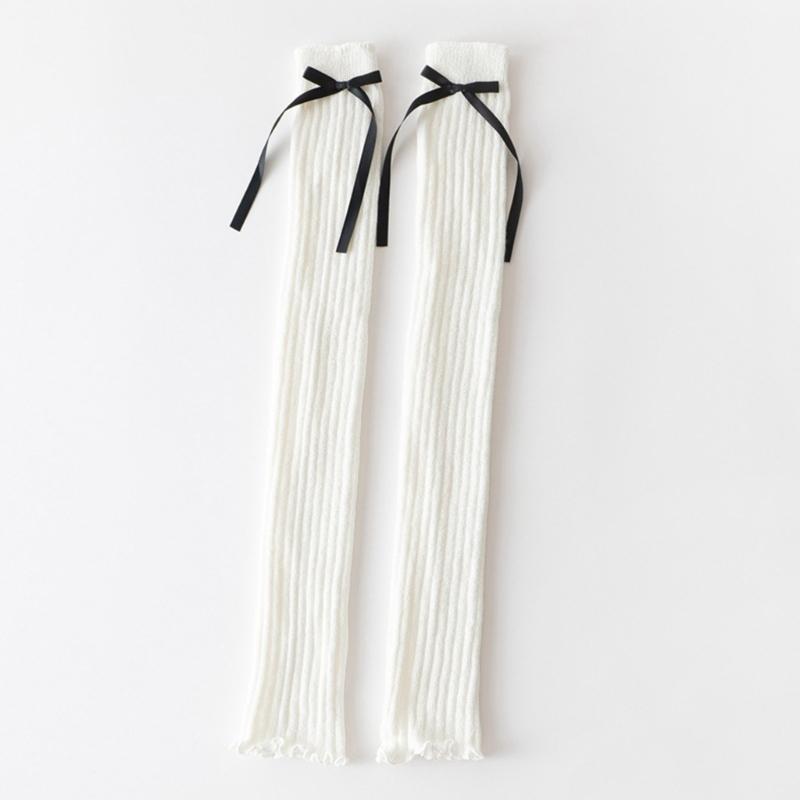 Women Harajuku Gothic Ribbed Knit Leg Warmer Socks Japanese Sweet Ribbon Bowknot Lettuce Ruffled Hem Foot Cover Stocking