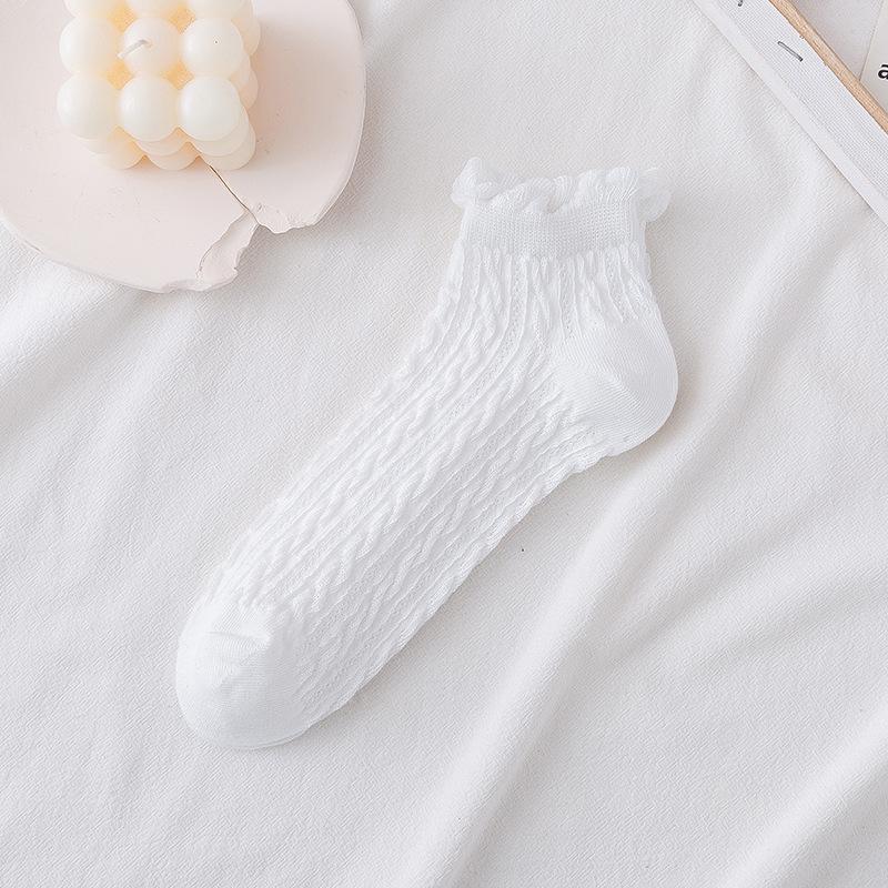Women's Ruffle Edge Cable Knit Cotton Socks - Spring/Summer Japanese Style Short Boat Socks, Lace, Solid Colors.
